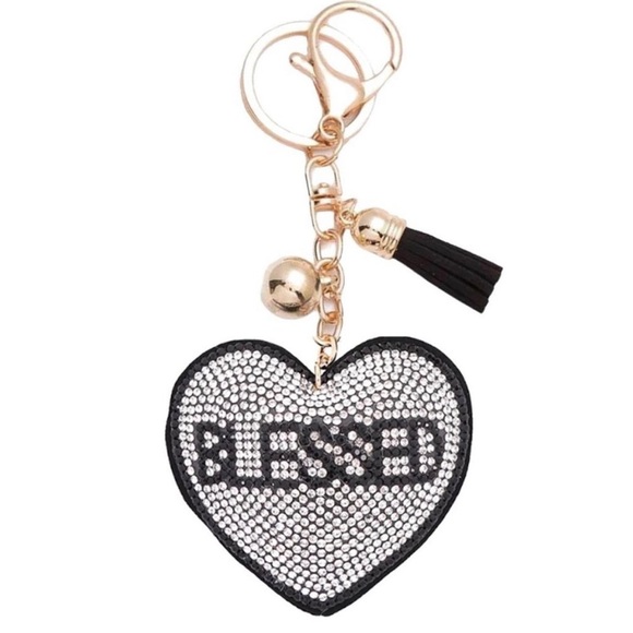 🙌🏽 BLESSED Bling Rhinestone Heart Puffy Tassel Keychain Charm. - Picture 1 of 6